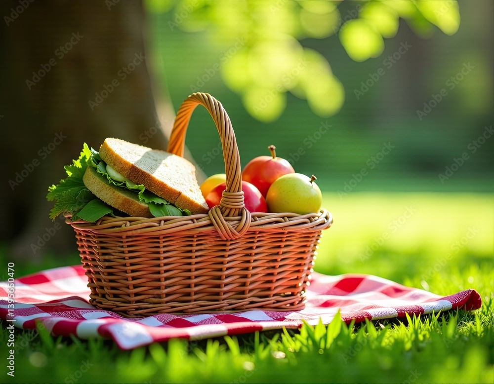 Picnic Basket with Sandwich and Apples in Sunny Park