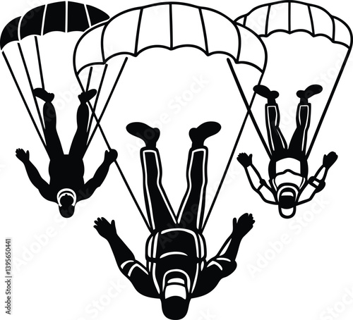 A graphic illustration of three skydivers in silhouette, each with an open parachute.
