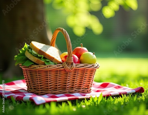 Obraz na płótnie Picnic Basket with Sandwich and Apples in Sunny Park w salonie