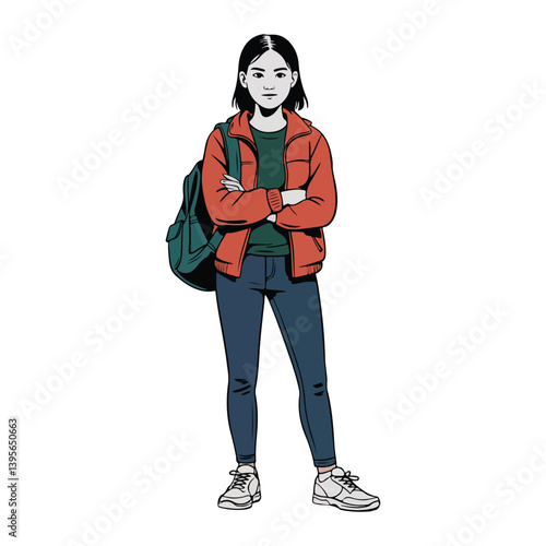Cartoon Illustration of Girl Standing with Backpack, Casual Outfit and Jacket