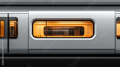 A modern train car showcases lit interior through its windows