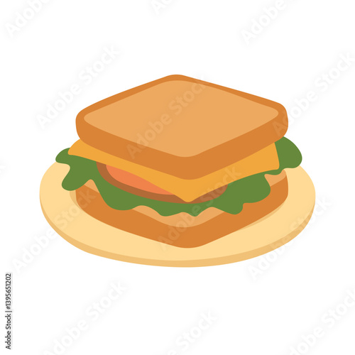 Flat cartoon sandwich with cheese, tomato and lettuce. Cute picnic doodle illustration on plate.