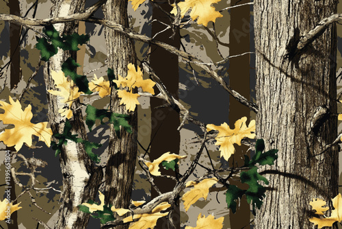 Camouflage background. hunting vector camouflage pattern with tree bark and leaves in green and brown. Hunting camo. Digital camouflage. Abstract camouflage.