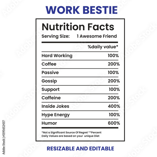 Work Bestie Nutrition Facts,label design template, nutrition facts information, nutrition Label 