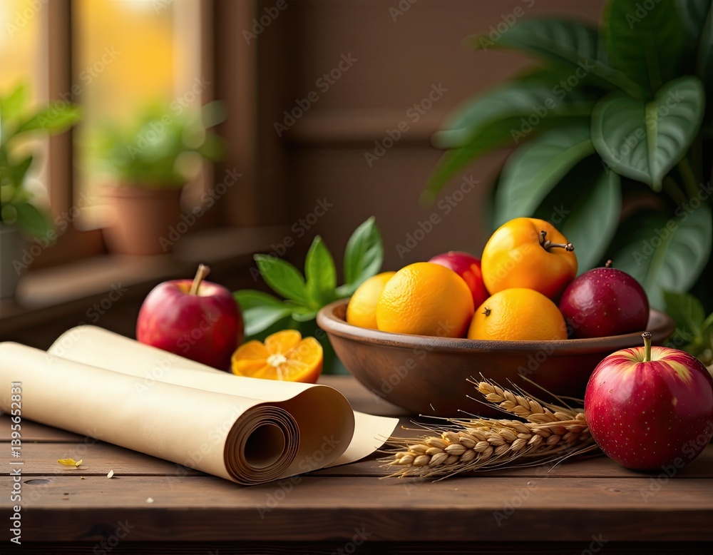 Fresh Fruit Harvest Still Life with Wheat and Parchment Paper