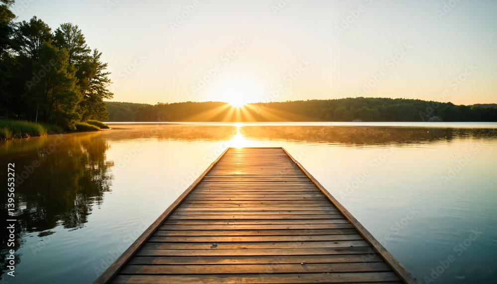 Fototapeta premium Wooden Dock Extending into Calm Lake at Sunrise for Travel Blogs, Nature Websites, Meditation Resources, and Outdoor Adventure Content