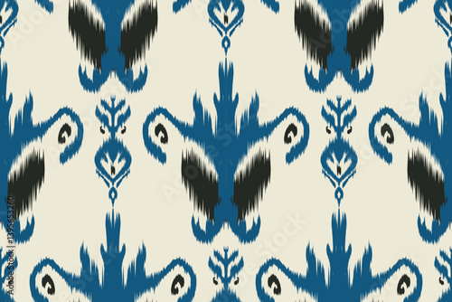 Seamless ikat pattern with abstract tribal motifs in black and earthy tones on a light beige background, traditional textile design perfect for fabric, wallpaper, and fashion use.
