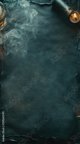Dark, textured paper background with smoke and candles