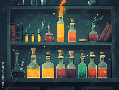 A mystical alchemy lab stocked with colorful concoctions.