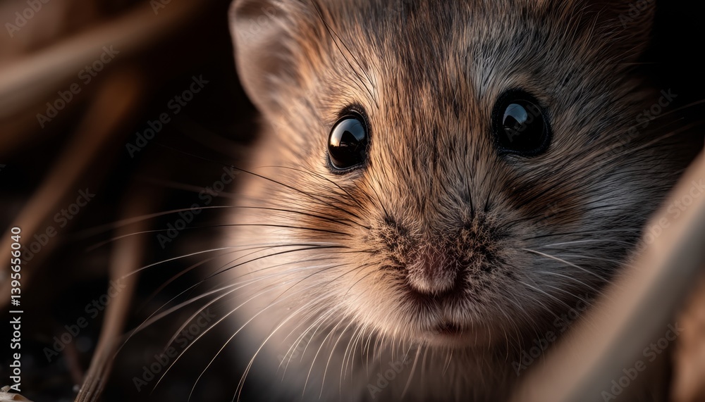 a close up of a mouse peeking out of a hole in the ground, with a blurred background The mouse has a brown and black coat, and its eyes are wide open, giving it an
