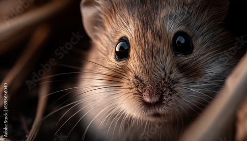 Obraz na płótnie a close up of a mouse peeking out of a hole in the ground, with a blurred background The mouse has a brown and black coat, and its eyes are wide open, giving it an w salonie