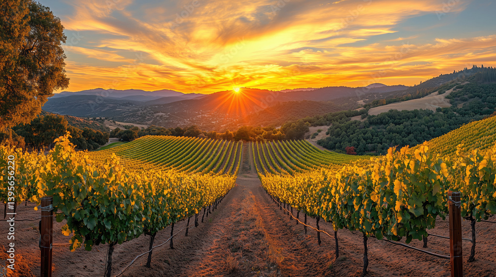Naklejka premium Golden hour paints a breathtaking vineyard landscape at sunset, rows of vines bathed in warm light, creating a serene and picturesque scene.