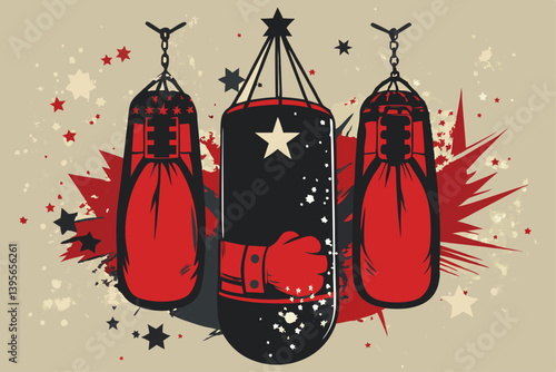 Boxing gloves and punching bag with grunge textures, vector art for fight club merchandise