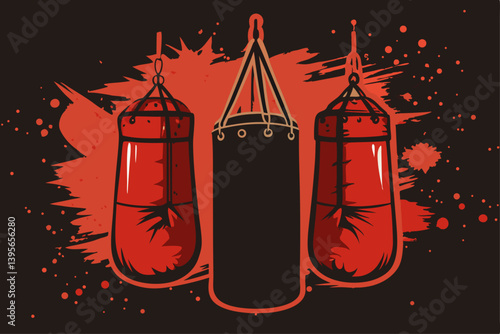 Boxing gloves and punching bag with grunge textures, vector art for fight club merchandise