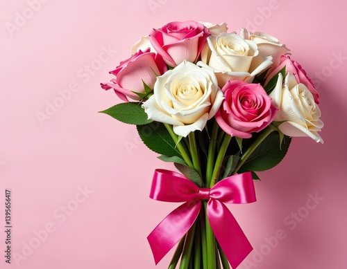 Obraz na płótnie Romantic Bouquet of Pink and White Roses with Pink Ribbon on Pink Background w salonie