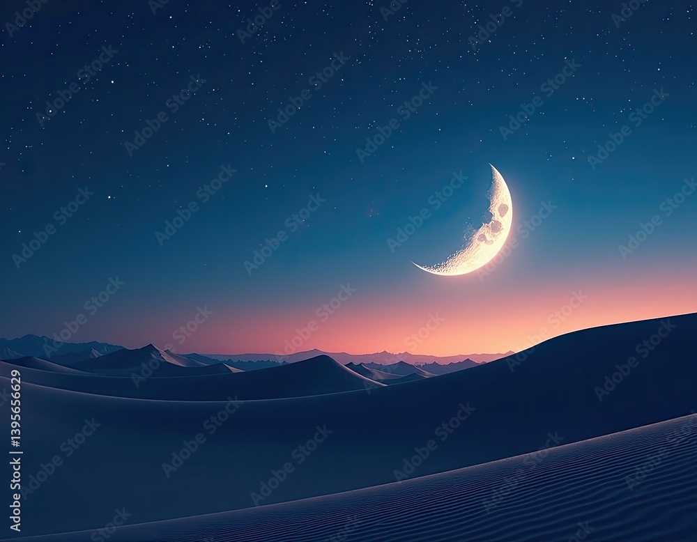 Crescent Moon Over Desert Dunes at Night