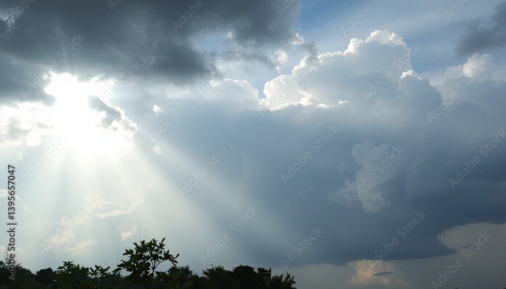 Dramatic Sky with Sun Rays Breaking Through Dark Clouds Dramatic Sky with Sun Rays Breaking Through Dark Clouds
