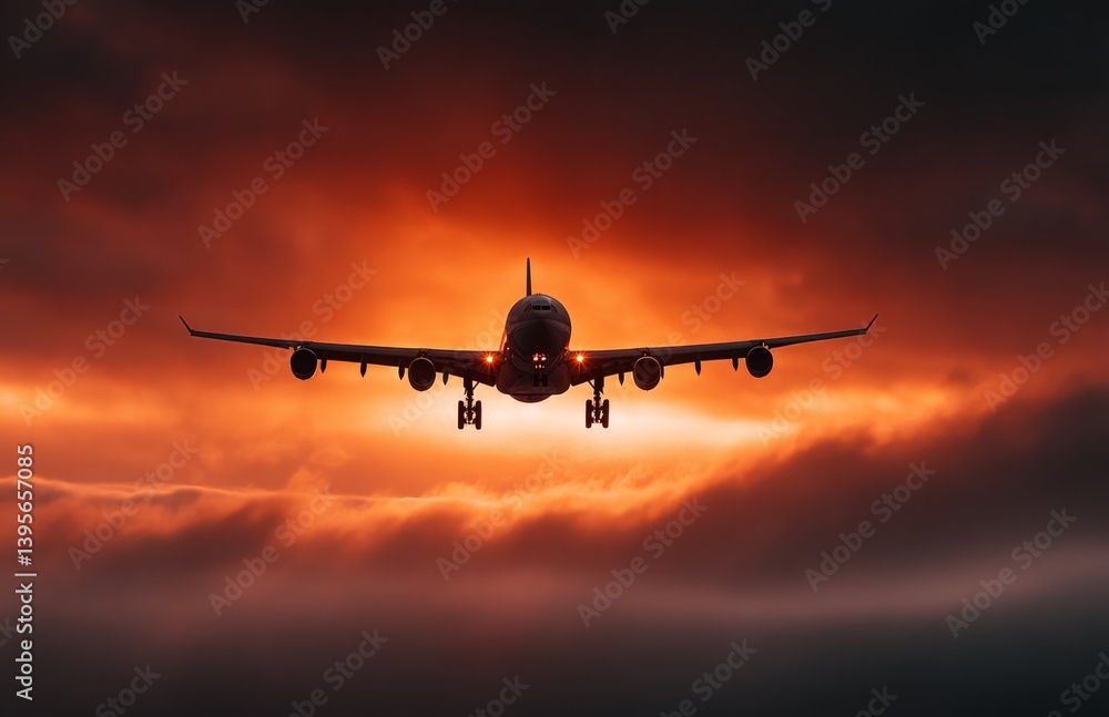 an airplane flying through the sky at sunset, with the sky illuminated in a beautiful array of oranges, pinks, and purples The airplane is silhouetted against the an airplane flying through the sky at sunset, with the sky illuminated in a beautiful array of oranges, pinks, and purples The airplane is silhouetted against the