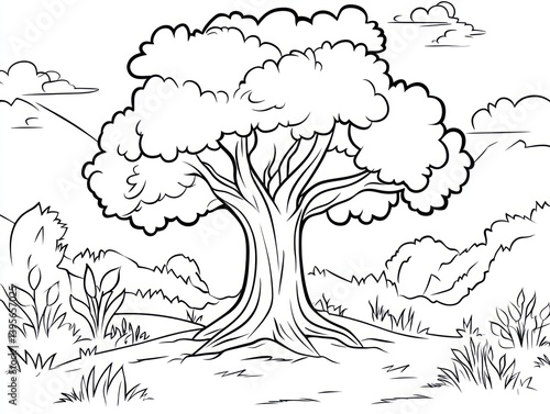 Majestic oak tree in a scenic landscape, hills in background, coloring book page