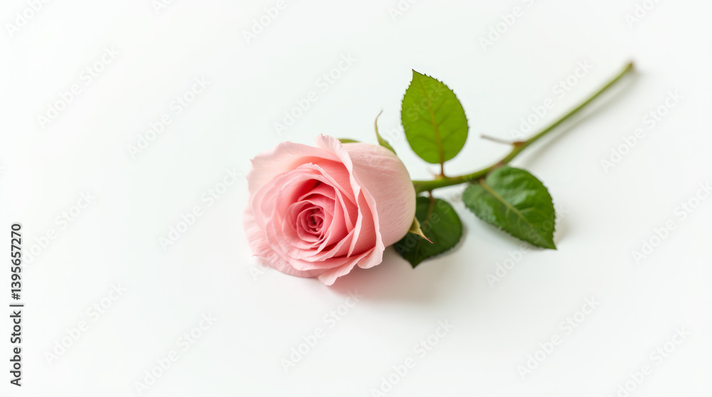 Single Pink Rose with Green Leaves on Pure White Background Single Pink Rose with Green Leaves on Pure White Background