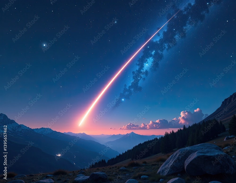 Meteor Shower over Majestic Mountains at Night