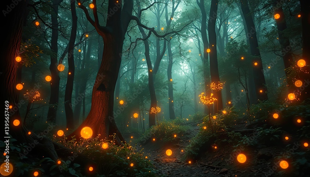 Obraz premium Enchanted Forest with Glowing Orange Lights and Misty Atmosphere