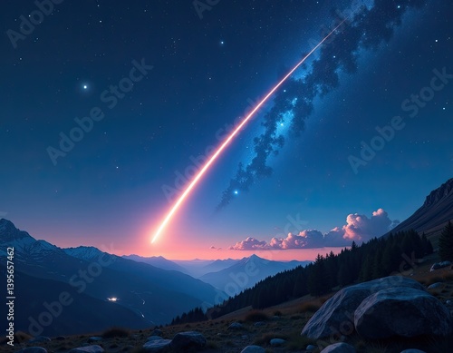Obraz na płótnie Meteor Shower over Majestic Mountains at Night w salonie