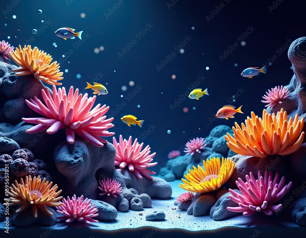 Vibrant Underwater Scene with Colorful Coral and Fish - 3D Render