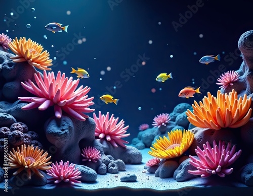 Obraz na płótnie Vibrant Underwater Scene with Colorful Coral and Fish - 3D Render w salonie