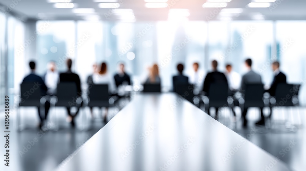 Business Meeting in Modern Office - Blurred of a business meeting around a large table in a modern office with large windows Business Meeting in Modern Office - Blurred of a business meeting around a large table in a modern office with large windows