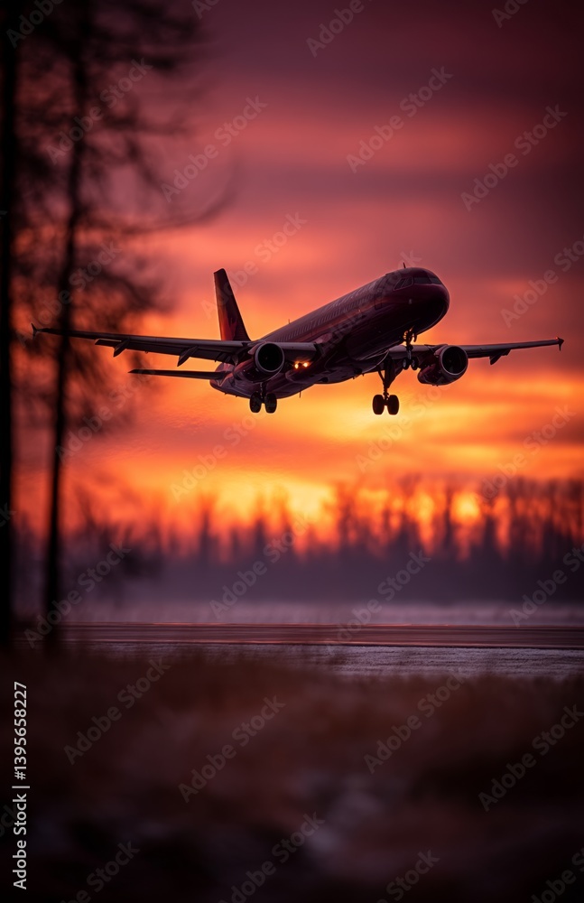 an airplane taking off from an airport runway at sunset, with trees in the background and the sky illuminated in a beautiful array of oranges, pinks, and purples an airplane taking off from an airport runway at sunset, with trees in the background and the sky illuminated in a beautiful array of oranges, pinks, and purples