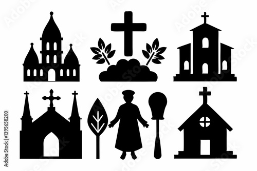 christian icon set sihouette black vector