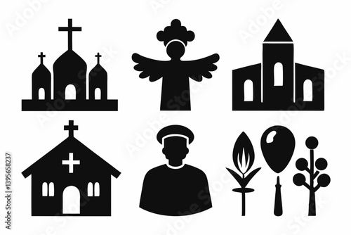christian icon set sihouette black vector