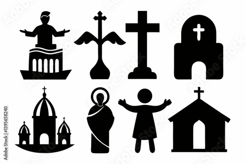 christian icon set sihouette black vector