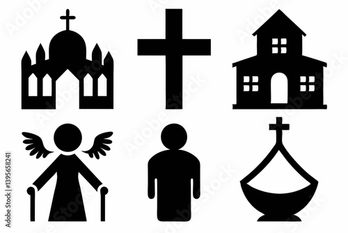 christian icon set sihouette black vector