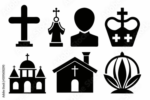christian icon set sihouette black vector