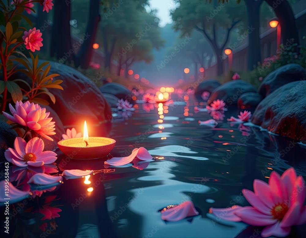 Serene Floating Candle and Pink Flowers in a Tranquil Stream at Night