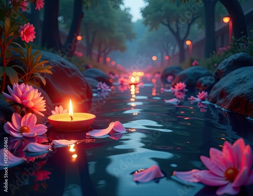 Obraz na płótnie Serene Floating Candle and Pink Flowers in a Tranquil Stream at Night w salonie