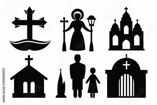 christian icon set sihouette black vector