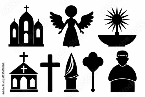 christian icon set sihouette black vector
