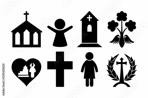 christian icon set sihouette black vector