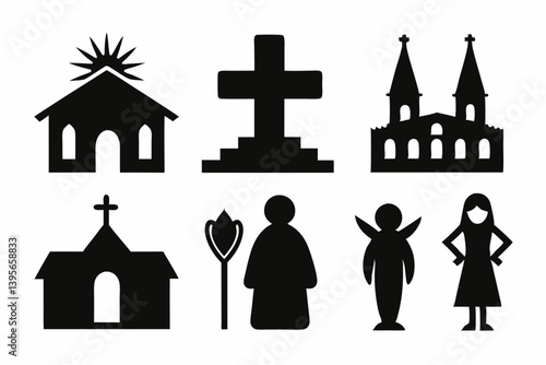 christian icon set sihouette black vector