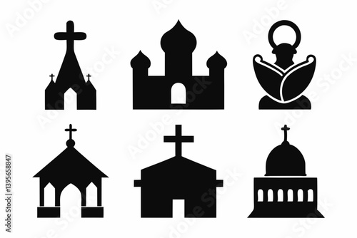 christian icon set sihouette black vector
