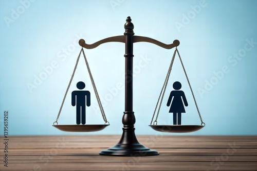 Male and female figures balanced on scales symbolizing gender equality.