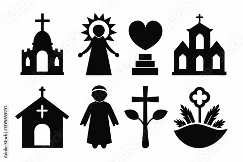 christian icon set sihouette black vector