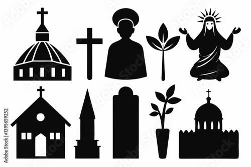 christian icon set sihouette black vector