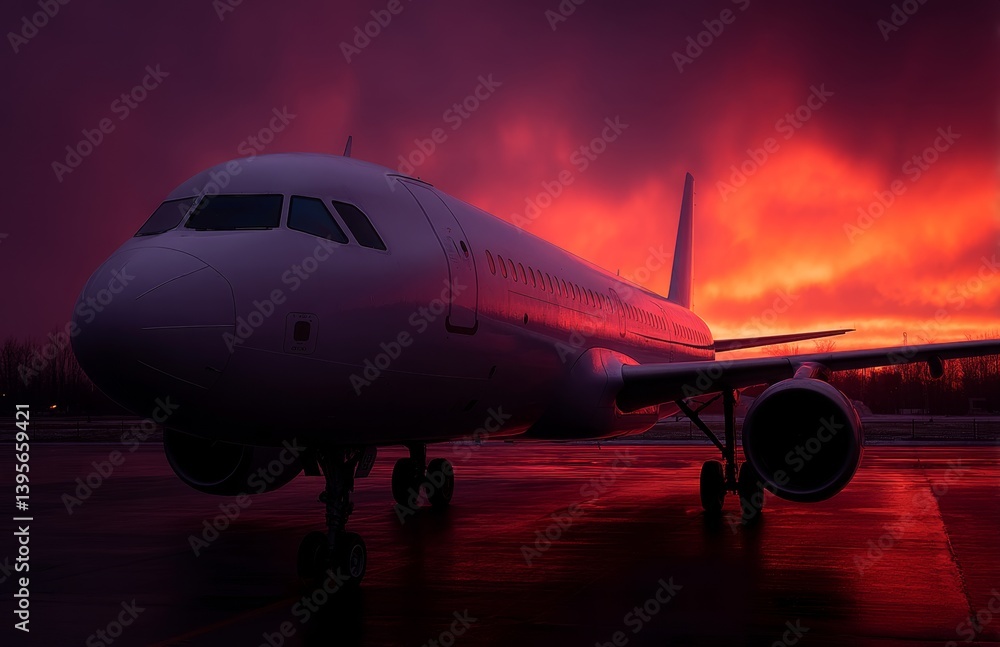an airplane sitting on top of an airport tarmac at sunset, with trees in the background and a beautiful sky illuminated by the setting sun an airplane sitting on top of an airport tarmac at sunset, with trees in the background and a beautiful sky illuminated by the setting sun