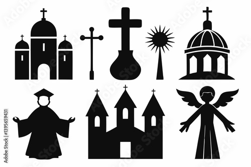 christian icon set sihouette black vector