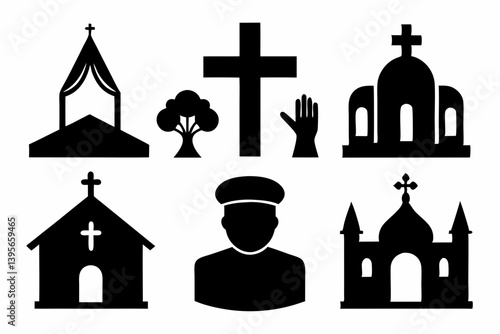 christian icon set sihouette black vector