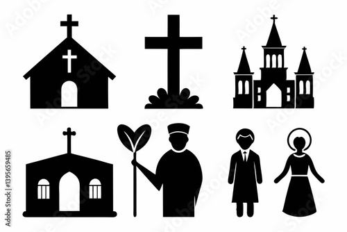 christian icon set sihouette black vector